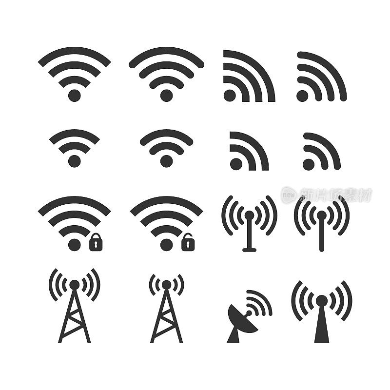 无线信号网络图标集。Wi fi图标。安全，不安全，花冠，信标密码保护图标。